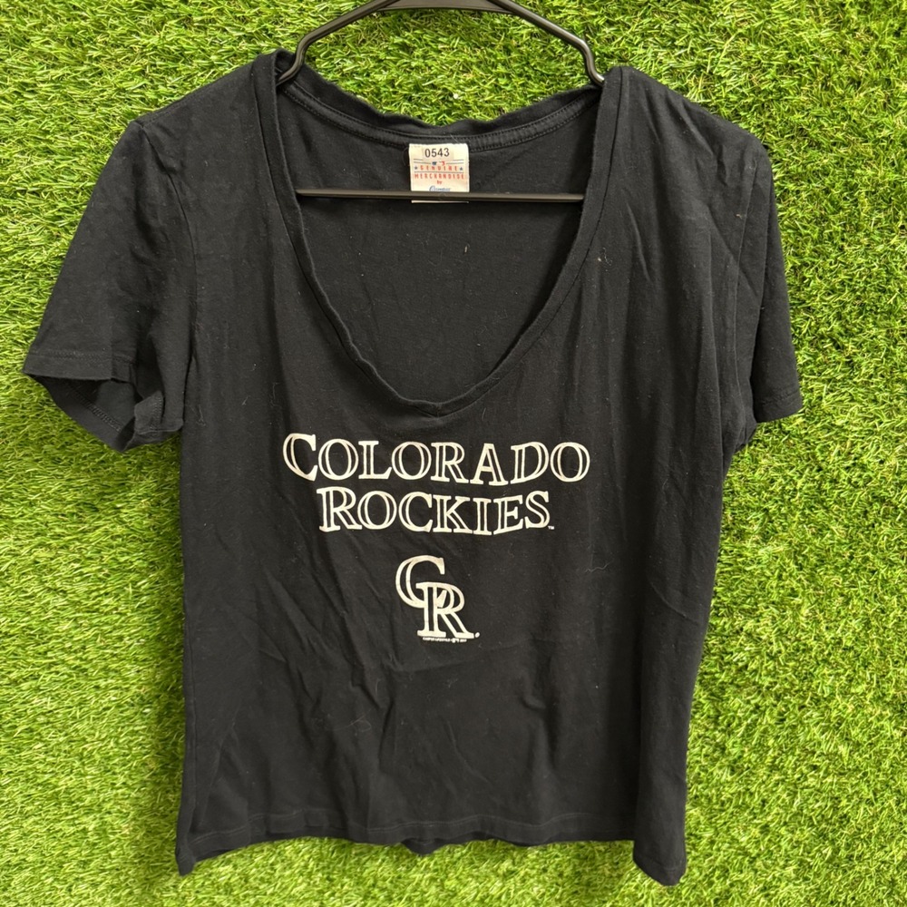 Colorado Rockies MLB Womens Black T Shirt‎ Large Baseball Deep V Neck